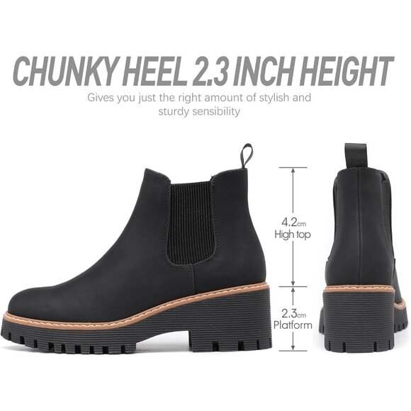 Womens Black Faux Leather Low Wedge Heel Slip On Chunky Platform Ankle Boots - Picture 3 of 8